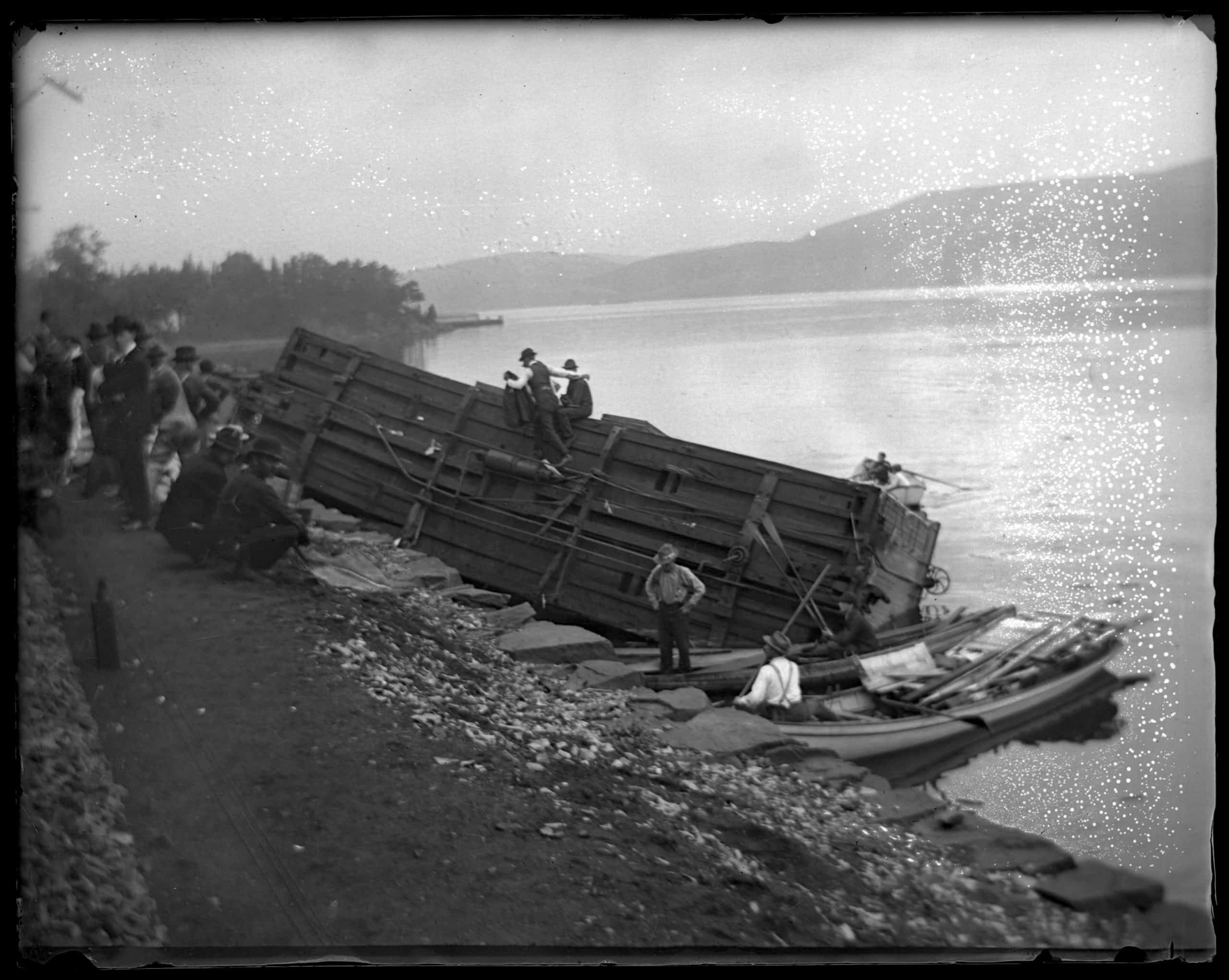 Derailed train car in the river Bronx N.Y. June 14 1902 - New-York Historical Society