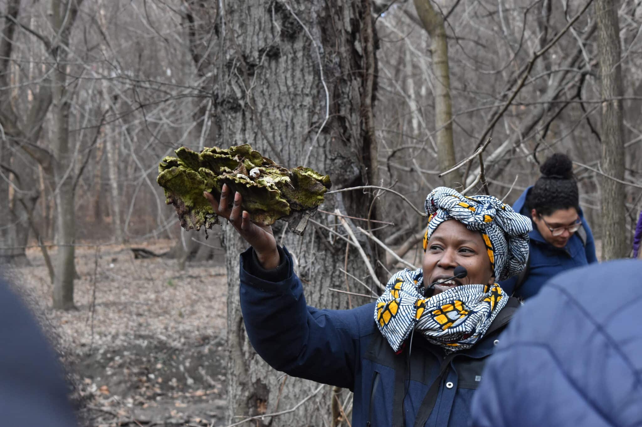 Journei Bimwala leading a Mushroom ID walk at Bronx Forest
